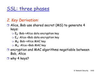 8: Network Security 8-60
SSL: three phases
2. Key Derivation:
 Alice, Bob use shared secret (MS) to generate 4
keys:
 EB: Bob->Alice data encryption key
 EA: Alice->Bob data encryption key
 MB: Bob->Alice MAC key
 MA: Alice->Bob MAC key
 encryption and MAC algorithms negotiable between
Bob, Alice
 why 4 keys?
 