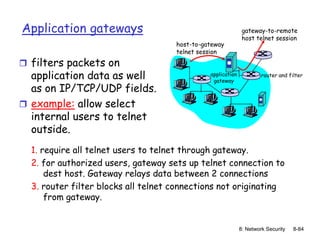 8: Network Security 8-84
Application gateways
 filters packets on
application data as well
as on IP/TCP/UDP fields.
 example: allow select
internal users to telnet
outside.
host-to-gateway
telnet session
gateway-to-remote
host telnet session
application
gateway
router and filter
1. require all telnet users to telnet through gateway.
2. for authorized users, gateway sets up telnet connection to
dest host. Gateway relays data between 2 connections
3. router filter blocks all telnet connections not originating
from gateway.
 