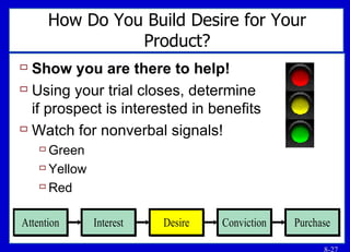 How Do You Build Desire for Your Product? Show you are there to help! Using your trial closes, determine  if prospect is interested in benefits Watch for nonverbal signals! Green Yellow Red 
