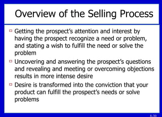 Overview of the Selling Process Getting the prospect’s attention and interest by having the prospect recognize a need or problem, and stating a wish to fulfill the need or solve the problem Uncovering and answering the prospect’s questions and revealing and meeting or overcoming objections results in more intense desire Desire is transformed into the conviction that your product can fulfill the prospect’s needs or solve problems 