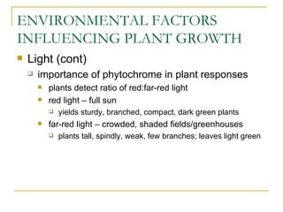 ENVIRONMENTAL FACTORS
INFLUENCING PLANT GROWTH
   Light (cont)
       importance of phytochrome in plant responses
           plants detect ratio of red:far-red light
           red light – full sun
               yields sturdy, branched, compact, dark green plants
           far-red light – crowded, shaded fields/greenhouses
               plants tall, spindly, weak, few branches; leaves light green
 
