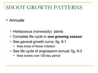SHOOT GROWTH PATTERNS

   Annuals

       Herbaceous (nonwoody) plants
       Complete life cycle in one growing season
       See general growth curve; fig. 9-1
           Note times of flower initiation
       See life cycle of angiosperm annual; fig. 9-3
           Note events over 120-day period
 