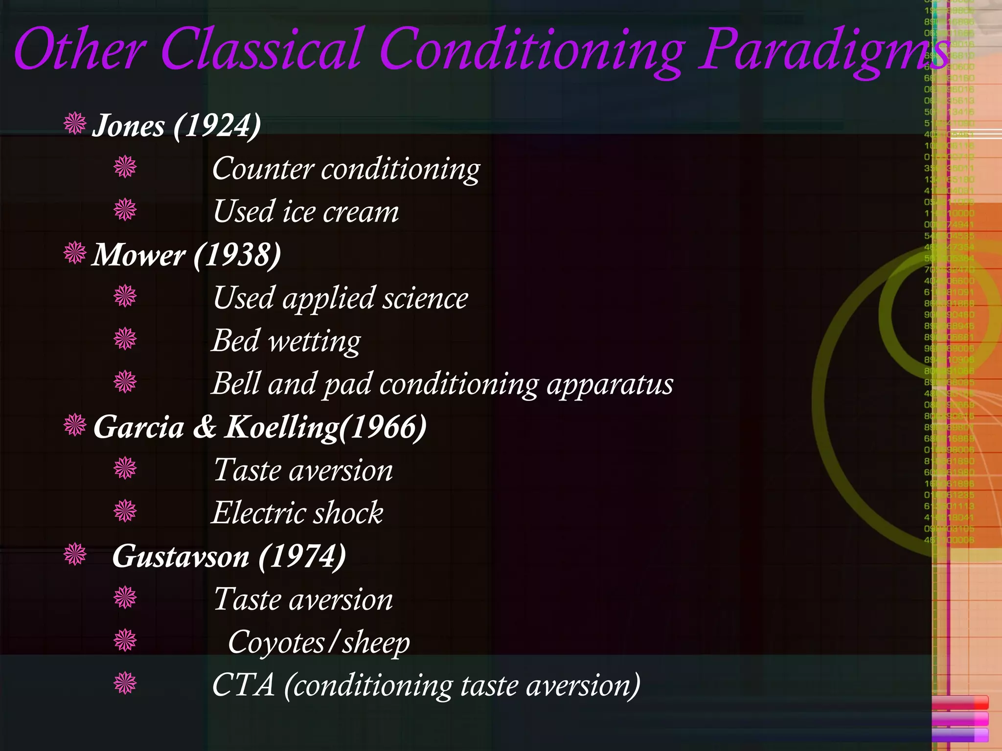 Other Classical Conditioning Paradigms Jones (1924) Counter conditioning Used ice cream Mower (1938) Used applied science Bed wetting  Bell and pad conditioning apparatus Garcia & Koelling(1966) Taste aversion Electric shock Gustavson (1974) Taste aversion  Coyotes/sheep CTA (conditioning taste aversion) 