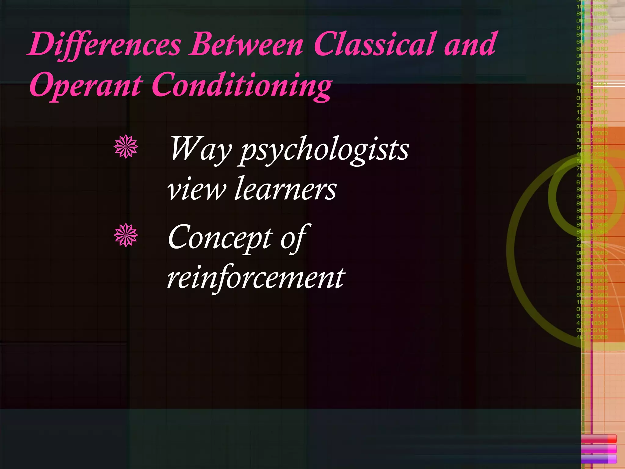 Differences Between Classical and Operant Conditioning Way psychologists view learners Concept of reinforcement 