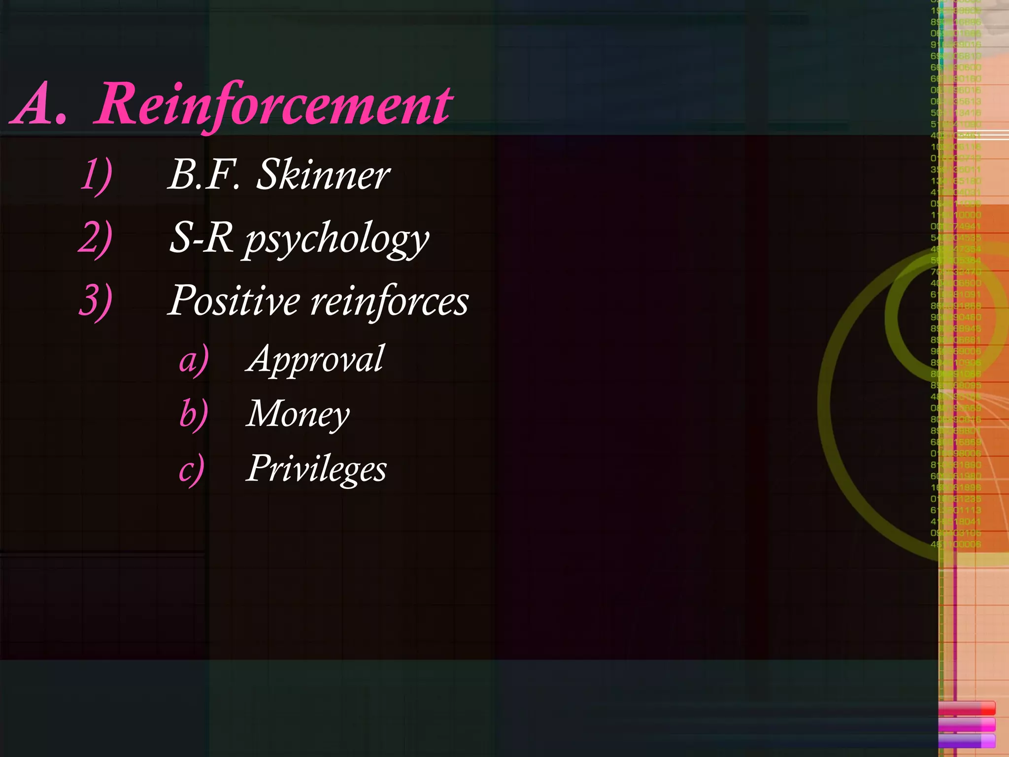 Reinforcement B.F. Skinner S-R psychology Positive reinforces Approval Money Privileges 
