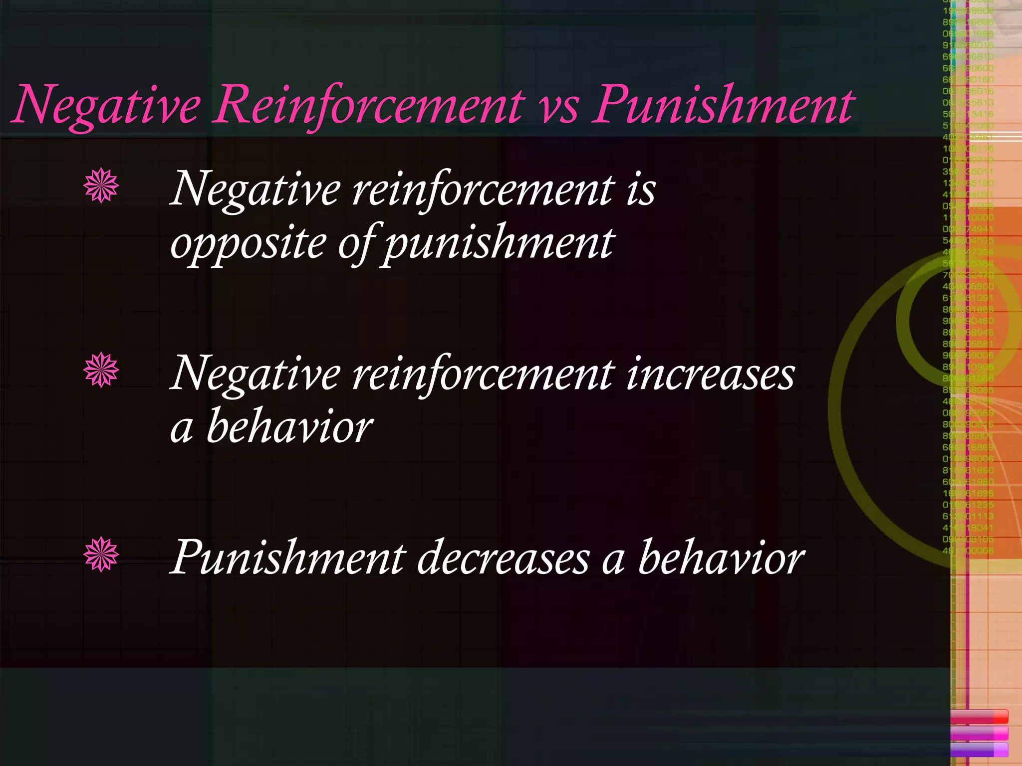 Negative Reinforcement vs Punishment Negative reinforcement is opposite of punishment Negative reinforcement increases a behavior Punishment decreases a behavior 