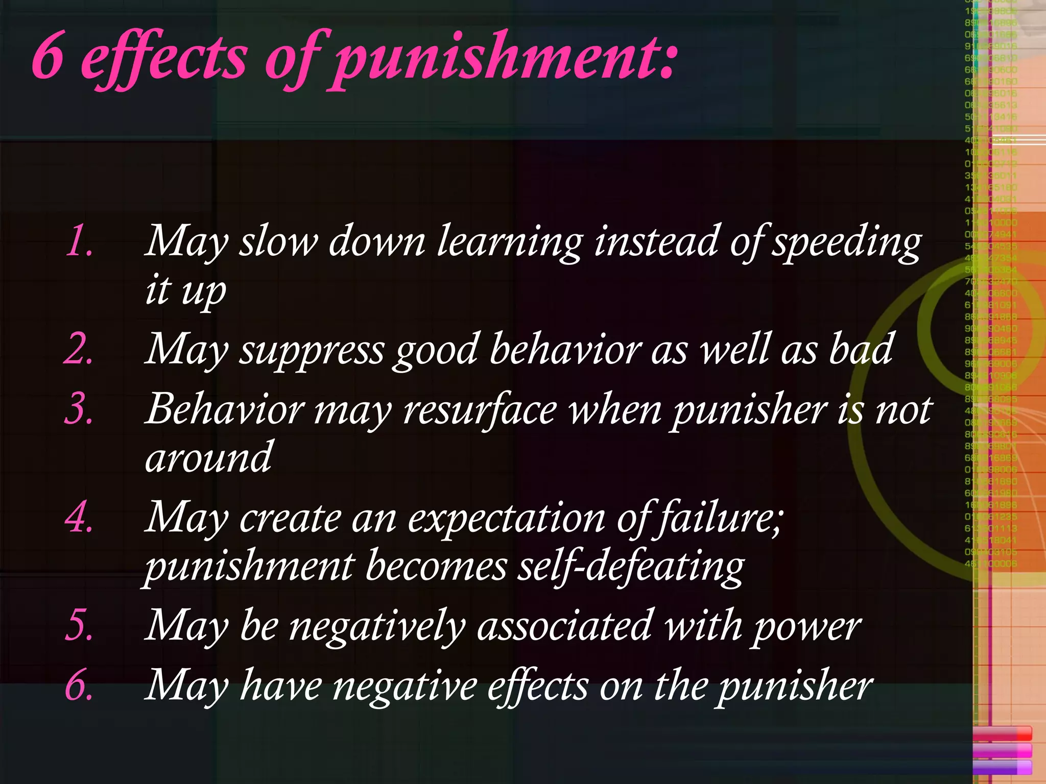 6 effects of punishment: May slow down learning instead of speeding it up May suppress good behavior as well as bad Behavior may resurface when punisher is not around May create an expectation of failure; punishment becomes self-defeating May be negatively associated with power May have negative effects on the punisher 