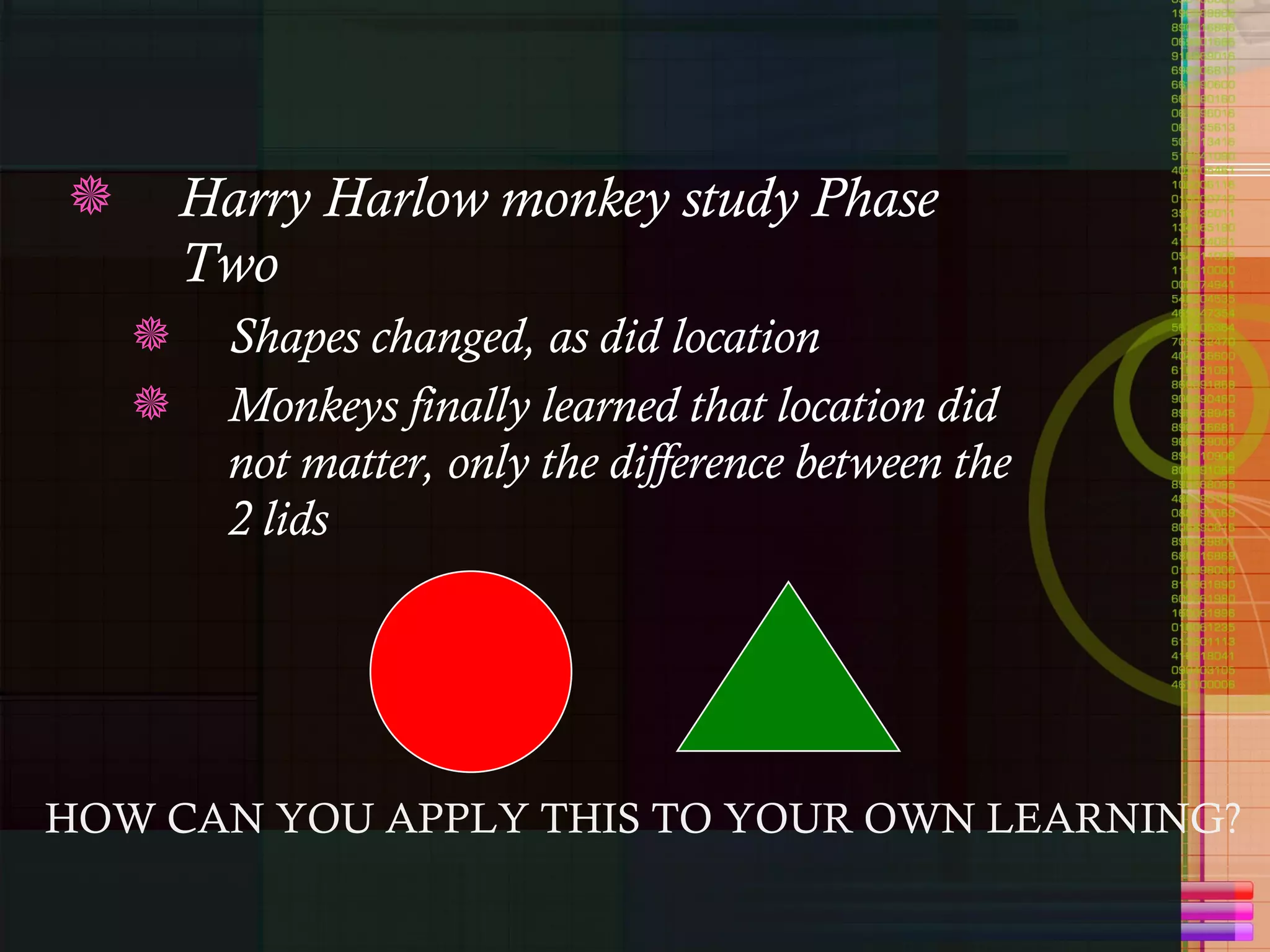 Harry Harlow monkey study Phase Two Shapes changed, as did location Monkeys finally learned that location did not matter, only the difference between the 2 lids HOW CAN YOU APPLY THIS TO YOUR OWN LEARNING? 