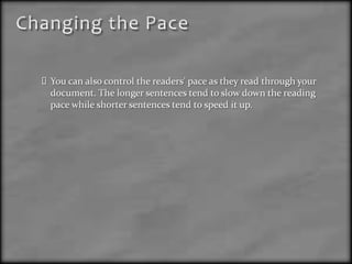 Using the Four Types of Sentences in a ParagraphExample on how to use the different types of sentences in a paragraph, “Technical Communication Today, p217”:How can we accomplish these five goals (transition sentence)? Universities need to study their core mission to determine whether distance education is a viable alternative to the traditional classroom (topic sentence). If universities can maintain their current standards when moving their courses online, then distance education may provide a new medium through which nontraditional students can take classes and perhaps earn a degree (support sentence). Utah State, for example, is reporting that students enrolled in its online courses have met or exceeded the expectations of their professors (support sentence). If, however, standards cannot be maintained, we may find ourselves returning to the traditional on-campus model of education (support sentence). In sum, the ability to meet a university’s core mission is the litmus test to measure whether distance education will work (point sentence).
