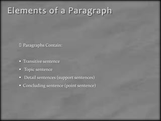 Elements of a ParagraphParagraphs Contain:Transitive sentence