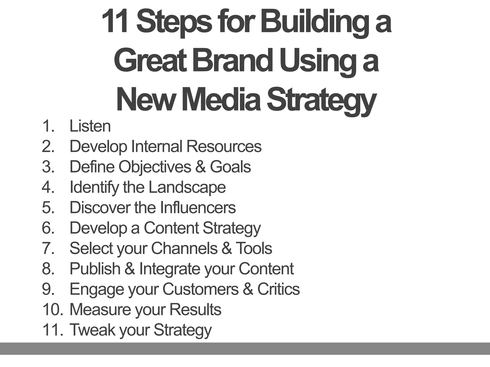 11 Steps for Building a Great Brand Using a New Media StrategyListenDevelop Internal ResourcesDefine Objectives & Goals Identify the LandscapeDiscover the InfluencersDevelop a Content Strategy Select your Channels & ToolsPublish & Integrate your ContentEngage your Customers & CriticsMeasure your Results Tweak your Strategy 