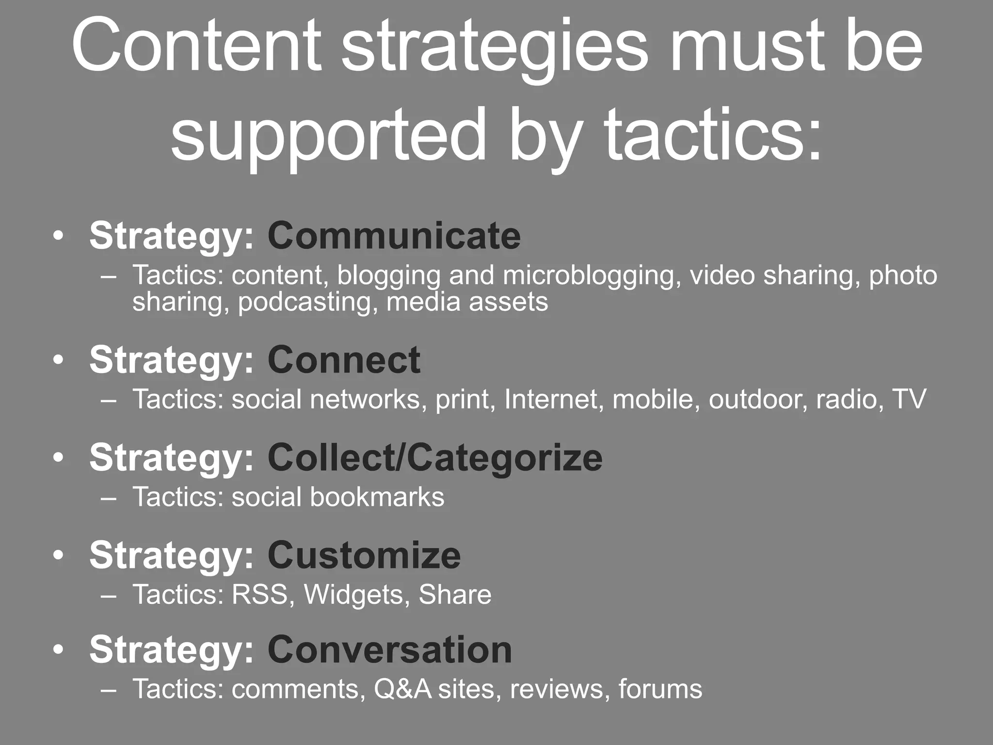 Content strategies must be supported by tactics:Strategy: CommunicateTactics: content, blogging and microblogging, video sharing, photo sharing, podcasting, media assetsStrategy: ConnectTactics: social networks, print, Internet, mobile, outdoor, radio, TVStrategy: Collect/CategorizeTactics: social bookmarksStrategy: CustomizeTactics: RSS, Widgets, Share Strategy: ConversationTactics: comments, Q&A sites, reviews, forums 