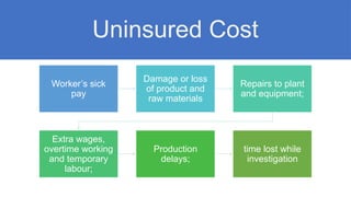 Uninsured Cost
Worker’s sick
pay
Damage or loss
of product and
raw materials
Repairs to plant
and equipment;
Extra wages,
overtime working
and temporary
labour;
Production
delays;
time lost while
investigation
 