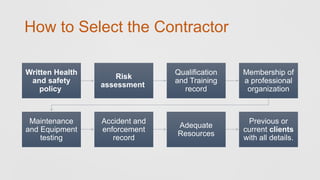 How to Select the Contractor
Written Health
and safety
policy
Risk
assessment
Qualification
and Training
record
Membership of
a professional
organization
Maintenance
and Equipment
testing
Accident and
enforcement
record
Adequate
Resources
Previous or
current clients
with all details.
 