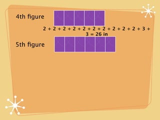 4th ﬁgure
        2+2+2+2+2+2+2+2+2+2+3+
                 3 = 26 in

5th ﬁgure
 
