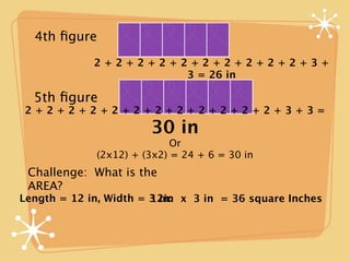 4th ﬁgure
             2+2+2+2+2+2+2+2+2+2+3+
                      3 = 26 in

  5th ﬁgure
2+2+2+2+2+2+2+2+2+2+2+2+3+3=
                        30 in
                             Or
              (2x12) + (3x2) = 24 + 6 = 30 in
 Challenge: What is the
 AREA?
Length = 12 in, Width = 3 in: x 3 in = 36 square Inches
                        12in
 