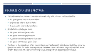 FEATURES OF A LINE SPECTRUM
 Each elements has its own characteristics color by which it can be identified i.e.
 Na gives yellow color in Bunsen flame
 Sr gives red color in Bunsen flame
 K gives violet color in Bunsen flame
 Similarly in a discharge tube:
 Ne glows with orange red color
 He glows with orange pink color
 H2 glows with orange red and blue color
 Cl2 glows with Orange green color
 The lines in the spectrum of an element are not haphazardly distributed but they occur in
groups or series. In series the separation between them decreases regularly as their wave
length decreases. At a certain limiting value, the spectrum becomes continuous.
 