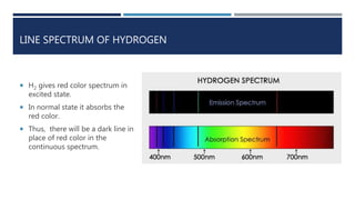 LINE SPECTRUM OF HYDROGEN
 H2 gives red color spectrum in
excited state.
 In normal state it absorbs the
red color.
 Thus, there will be a dark line in
place of red color in the
continuous spectrum.
 