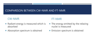 COMPARISON BETWEEN CW-NMR AND FT-NMR
CW-NMR
 Radiant energy is measured which is
absorbed
 Absorption spectrum is obtained
FT-NMR
 The energy emitted by the relaxing
nuclei is measured
 Emission spectrum is obtained
 