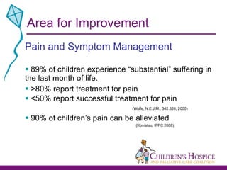 Area for Improvement Pain and Symptom Management 89% of children experience “substantial” suffering in  the last month of life. >80% report treatment for pain <50% report successful treatment for pain    (Wolfe, N.E.J.M., 342:326, 2000) 90% of children’s pain can be alleviated (Komatsu, IPPC 2008) 