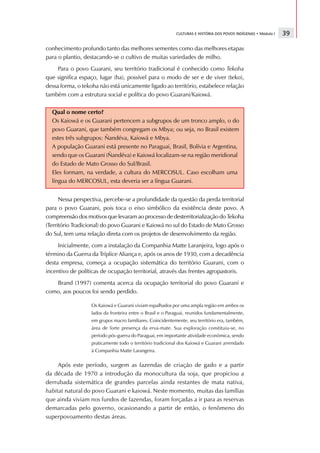 CULTURAS E HISTÓRIA DOS POVOS INDÍGENAS • Módulo I   39

conhecimento profundo tanto das melhores sementes como das melhores etapas
para o plantio, destacando-se o cultivo de muitas variedades de milho.
     Para o povo Guarani, seu território tradicional é conhecido como Tekoha
que significa espaço, lugar (ha), possível para o modo de ser e de viver (teko),
dessa forma, o tekoha não está unicamente ligado ao território, estabelece relação
também com a estrutura social e política do povo Guarani/Kaiowá.

  Qual o nome certo?
  Os Kaiowá e os Guarani pertencem a subgrupos de um tronco amplo, o do
  povo Guarani, que também congregam os Mbya; ou seja, no Brasil existem
  estes três subgrupos: Ñandéva, Kaiowá e Mbya.
  A população Guarani está presente no Paraguai, Brasil, Bolívia e Argentina,
  sendo que os Guarani (Ñandéva) e Kaiowá localizam-se na região meridional
  do Estado de Mato Grosso do Sul/Brasil.
  Eles formam, na verdade, a cultura do MERCOSUL. Caso escolham uma
  língua do MERCOSUL, esta deveria ser a língua Guarani.


      Nessa perspectiva, percebe-se a profundidade da questão da perda territorial
para o povo Guarani, pois toca o eixo simbólico da existência deste povo. A
compreensão dos motivos que levaram ao processo de desterritorialização do Tekoha
(Território Tradicional) do povo Guarani e Kaiowá no sul do Estado de Mato Grosso
do Sul, tem uma relação direta com os projetos de desenvolvimento da região.
     Inicialmente, com a instalação da Companhia Matte Laranjeira, logo após o
término da Guerra da Tríplice Aliança e, após os anos de 1930, com a decadência
desta empresa, começa a ocupação sistemática do território Guarani, com o
incentivo de políticas de ocupação territorial, através das frentes agropastoris.
   Brand (1997) comenta acerca da ocupação territorial do povo Guarani e
como, aos poucos foi sendo perdido.

                  Os Kaiowá e Guarani viviam espalhados por uma ampla região em ambos os
                  lados da fronteira entre o Brasil e o Paraguai, reunidos fundamentalmente,
                  em grupos macro familiares. Coincidentemente, seu território era, também,
                  área de forte presença da erva-mate. Sua exploração constituiu-se, no
                  período pós-guerra do Paraguai, em importante atividade econômica, sendo
                  praticamente todo o território tradicional dos Kaiowá e Guarani arrendado
                  à Companhia Matte Larangeira.


     Após este período, surgem as fazendas de criação de gado e a partir
da década de 1970 a introdução da monocultura da soja, que propiciou a
derrubada sistemática de grandes parcelas ainda restantes de mata nativa,
habitat natural do povo Guarani e kaiowá. Neste momento, muitas das famílias
que ainda viviam nos fundos de fazendas, foram forçadas a ir para as reservas
demarcadas pelo governo, ocasionando a partir de então, o fenômeno do
superpovoamento destas áreas.
 