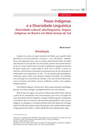 CULTURAS E HISTÓRIA DOS POVOS INDÍGENAS • Módulo I   43

                                                                                 CAPÍTULO III


                                 Povos Indígenas
                      e a Diversidade Linguística
      Diversidade cultural: plurilinguismo, línguas
     indígenas no Brasil e em Mato Grosso do Sul



                                                                               Ilda de Souza20

                                     Introdução
      Estuda-se na escola, em algum momento da História, que, quando Cabral
desembarcou em terras brasileiras, encontrou a terra “descoberta” habitada.
Havia uma população nativa, que os europeus denominaram índios. Os índios
estão descritos na carta de Pero Vaz de Caminha, primeiro documento histórico
escrito no e sobre o Brasil. Porém, esse fato é rapidamente apagado da memória
de quem estuda, pois a ênfase dada ao “feito” leva o cérebro a colocar no
canto dos conhecimentos irrelevantes as informações que não são reforçadas ou
evidenciadas como importantes, na aula. Por isso, grande parte da população,
ainda hoje, pensa o índio como elemento simbólico da história. Um indivíduo
com uma tanga e um cocar de penas coloridas, e não como ser de existência real,
como ser humano com direitos, deveres, problemas e sonhos, como qualquer
cidadão brasileiro.
    Com relação às línguas é a mesma coisa. Pensa-se que nosso país é monolíngue,
que aqui só se fala uma língua: o português brasileiro com suas variações.
      Mais do que um engano, esse pensar evidencia desconhecimento, descaso
e pode até ser interpretado como preconceituoso, pois exclui, do quadro de
nossa diversidade cultural e linguística, as línguas faladas por grupos considerados
“minoritários” (pouco numerosos e de muito baixo poder político), como os povos
indígenas, os estrangeiros, os afrodescendentes todos eles falantes de sua língua
tradicional, além do português, língua oficial do país. Não se pode também ignorar
a língua gestual dos surdos e o sistema Braille de escrita utilizado pelos cegos.




20
 Doutora em Lingüística pela UNICAMP Pesquisadora do povo Kiniquinau e membro do Grupo
                                        .
de Pesquisa (CNPq) “Antropologia, Diversidade Cultural e Educação Indígena”.
Endereço: hilda.msi@terra.com.br
Agradeço ao Prof. Dr. Angel Corbera Mori (Unicamp) e Drª. Maria Pankararu, pela leitura e sugestões
para melhorar este texto. Qualquer falha é de minha responsabilidade.
 
