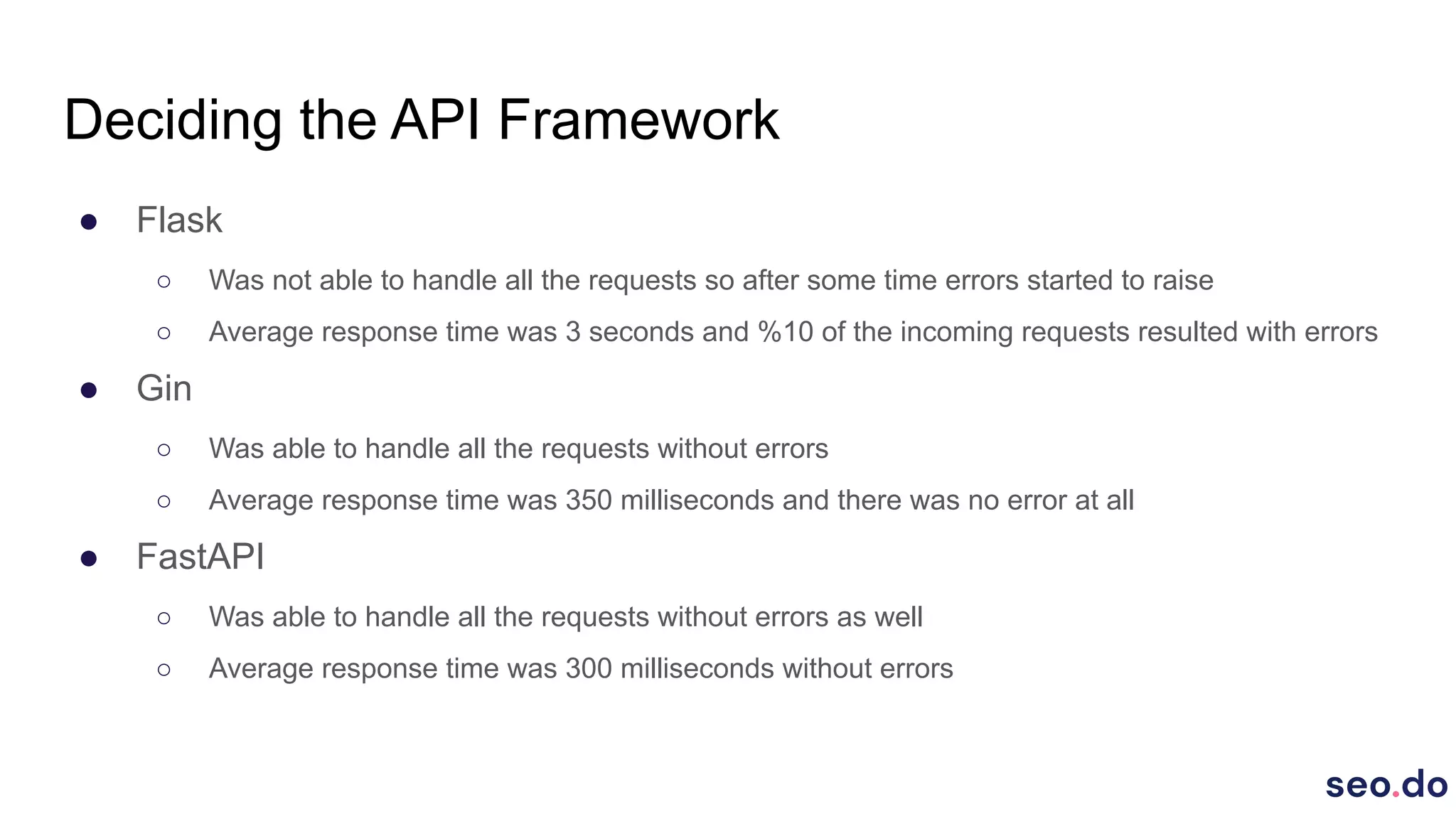 Deciding the API Framework
● Flask
○ Was not able to handle all the requests so after some time errors started to raise
○ Average response time was 3 seconds and %10 of the incoming requests resulted with errors
● Gin
○ Was able to handle all the requests without errors
○ Average response time was 350 milliseconds and there was no error at all
● FastAPI
○ Was able to handle all the requests without errors as well
○ Average response time was 300 milliseconds without errors
 