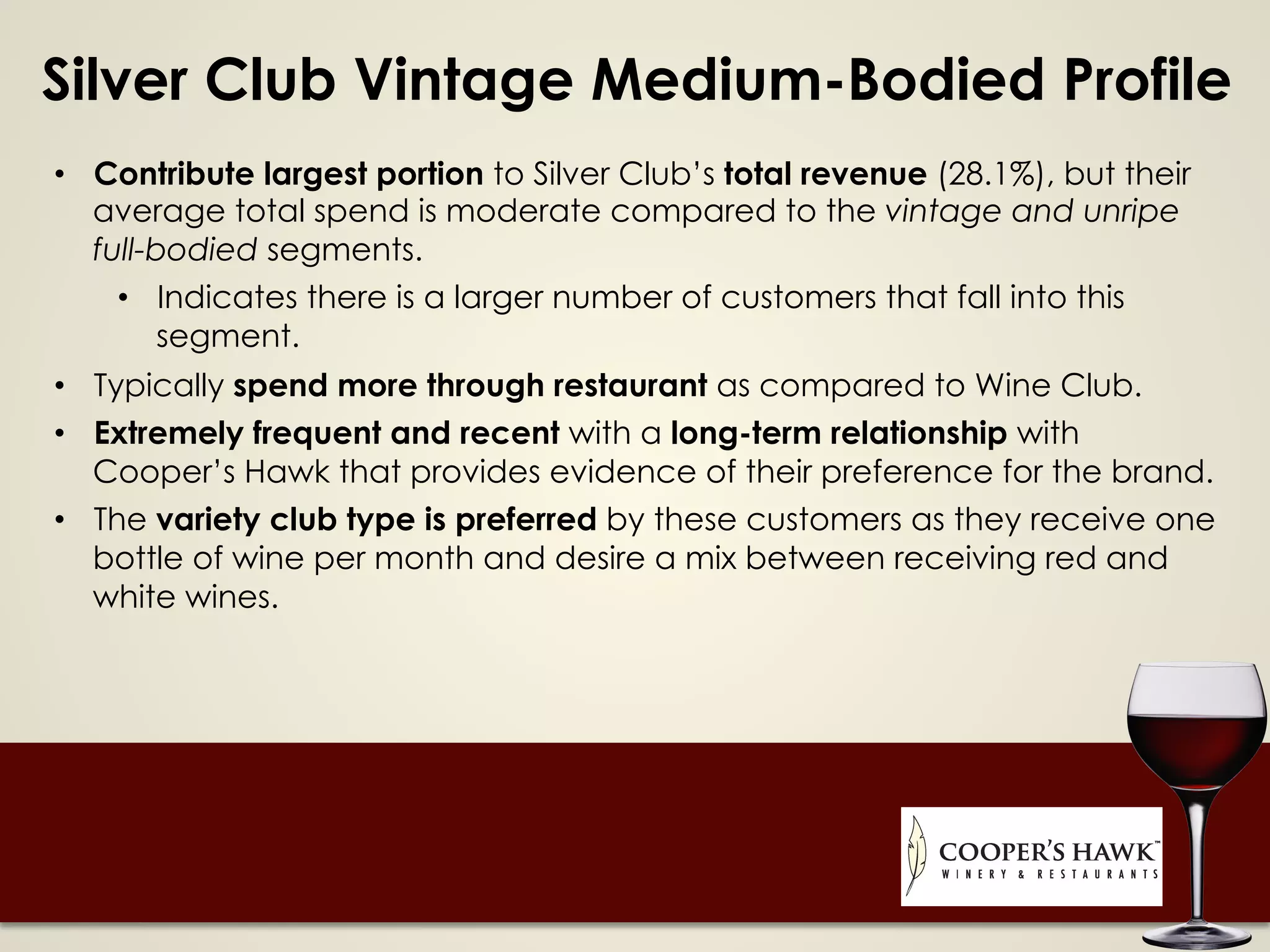 Silver Club Vintage Medium-Bodied Profile
•  Contribute largest portion to Silver Club’s total revenue (28.1%), but their
average total spend is moderate compared to the vintage and unripe
full-bodied segments.
•  Indicates there is a larger number of customers that fall into this
segment.
•  Typically spend more through restaurant as compared to Wine Club.
•  Extremely frequent and recent with a long-term relationship with
Cooper’s Hawk that provides evidence of their preference for the brand.
•  The variety club type is preferred by these customers as they receive one
bottle of wine per month and desire a mix between receiving red and
white wines.
 