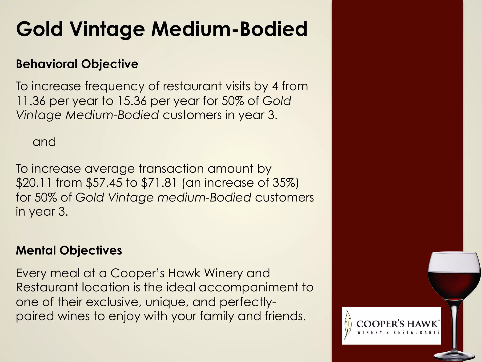 Gold Vintage Medium-Bodied
Behavioral Objective
To increase frequency of restaurant visits by 4 from
11.36 per year to 15.36 per year for 50% of Gold
Vintage Medium-Bodied customers in year 3.
and
To increase average transaction amount by
$20.11 from $57.45 to $71.81 (an increase of 35%)
for 50% of Gold Vintage medium-Bodied customers
in year 3.
Mental Objectives
Every meal at a Cooper’s Hawk Winery and
Restaurant location is the ideal accompaniment to
one of their exclusive, unique, and perfectly-
paired wines to enjoy with your family and friends.
 