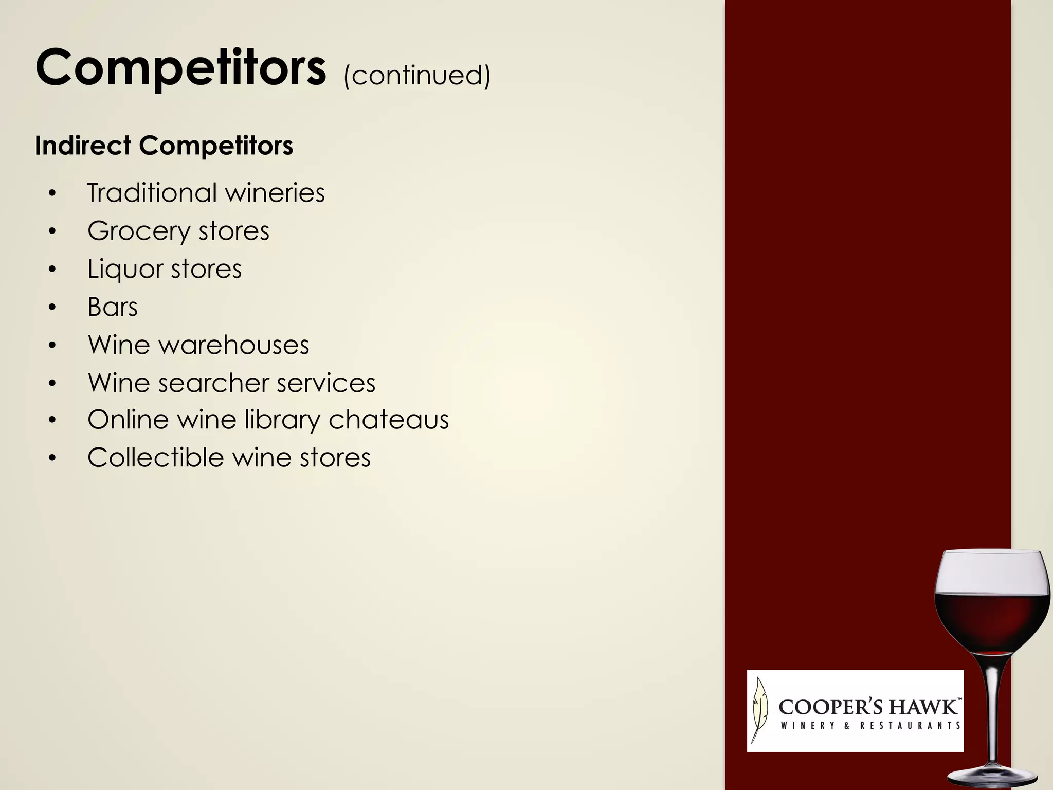Competitors (continued)
Indirect Competitors
•  Traditional wineries
•  Grocery stores
•  Liquor stores
•  Bars
•  Wine warehouses
•  Wine searcher services
•  Online wine library chateaus
•  Collectible wine stores
 