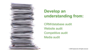 Develop an
understanding from:
CRM/database audit
Website audit
Competitive audit
Media audit
 