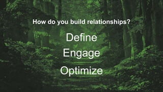 How do you build relationships?
Define
Engage
Optimize
 