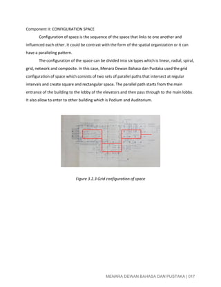  
Component II: CONFIGURATION SPACE 
Configuration of space is the sequence of the space that links to one another and 
influenced each other. It could be contrast with the form of the spatial organization or it can 
have a paralleling pattern. 
The configuration of the space can be divided into six types which is linear, radial, spiral, 
grid, network and composite. In this case, Menara Dewan Bahasa dan Pustaka used the grid 
configuration of space which consists of two sets of parallel paths that intersect at regular 
intervals and create square and rectangular space. The parallel path starts from the main 
entrance of the building to the lobby of the elevators and then pass through to the main lobby. 
It also allow to enter to other building which is Podium and Auditorium. 
 
 
 
 
 
 
 
 
 
Figure 3.2.3 Grid configuration of space 
 
 
 
 
 
 
 
 
 
 
 
MENARA DEWAN BAHASA DAN PUSTAKA | 017 
 