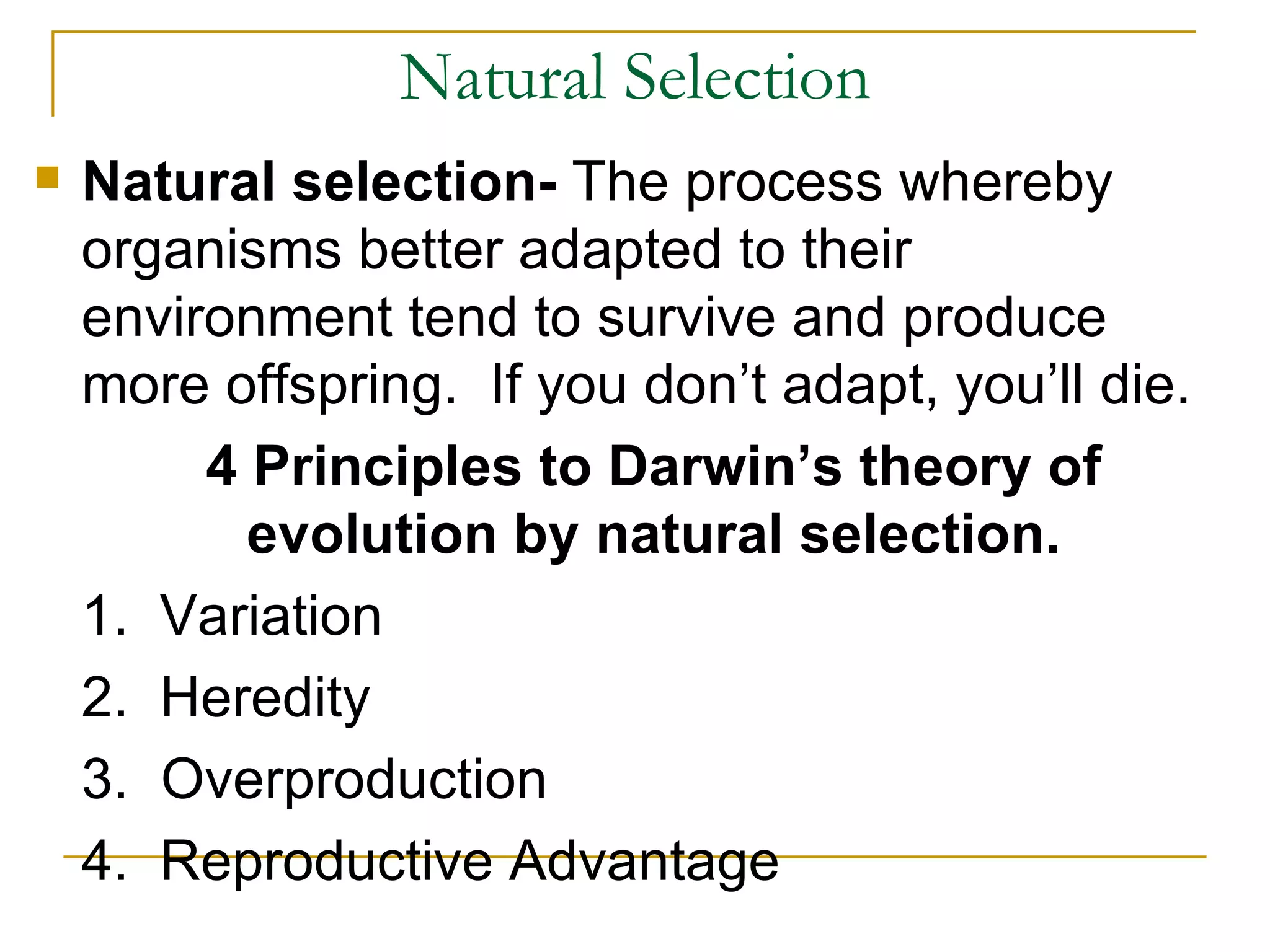 Natural Selection Natural selection- The process whereby organisms better adapted to their environment tend to survive and produce more offspring. If you don’t adapt, you’ll die. 4 Principles to Darwin’s theory of evolution by natural selection. 1. Variation 2. Heredity 3. Overproduction 4. Reproductive Advantage