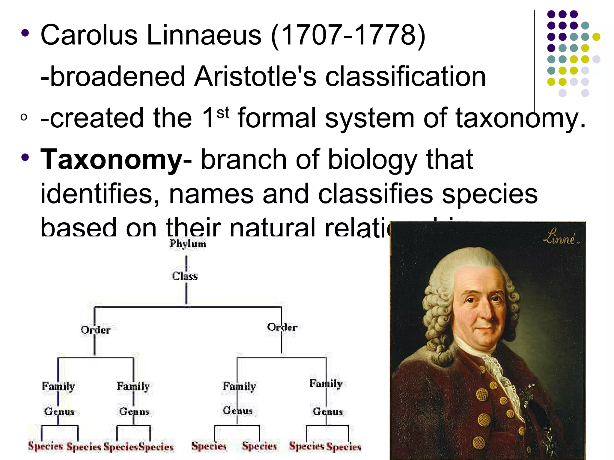 Carolus Linnaeus (1707-1778) -broadened Aristotle's classification -created the 1 st formal system of taxonomy. Taxonomy - branch of biology that identifies, names and classifies species based on their natural relationships.