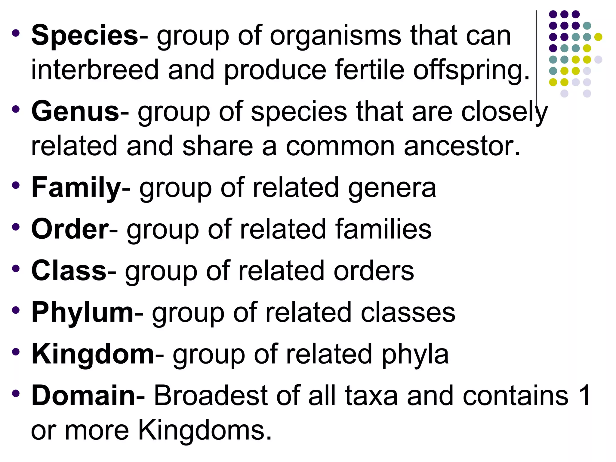 Species - group of organisms that can interbreed and produce fertile offspring. Genus - group of species that are closely related and share a common ancestor. Family - group of related genera Order - group of related families Class - group of related orders Phylum - group of related classes Kingdom - group of related phyla Domain - Broadest of all taxa and contains 1 or more Kingdoms.
