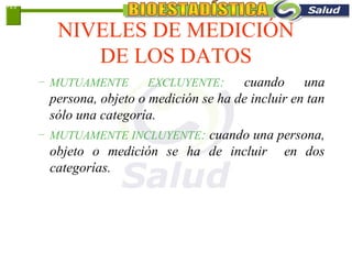 NIVELES DE MEDICIÓN
DE LOS DATOS
– MUTUAMENTE EXCLUYENTE: cuando una
persona, objeto o medición se ha de incluir en tan
sólo una categoría.
– MUTUAMENTE INCLUYENTE: cuando una persona,
objeto o medición se ha de incluir en dos
categorías.
1-13
 