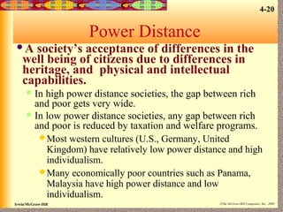 4-20

Power Distance
A

society’s acceptance of differences in the
well being of citizens due to differences in
heritage, and physical and intellectual
capabilities.



In high power distance societies, the gap between rich
and poor gets very wide.
In low power distance societies, any gap between rich
and poor is reduced by taxation and welfare programs.
 Most western cultures (U.S., Germany, United
Kingdom) have relatively low power distance and high
individualism.
 Many economically poor countries such as Panama,
Malaysia have high power distance and low
individualism.

Irwin/McGraw-Hill

©The McGraw-Hill Companies, Inc., 2000

 