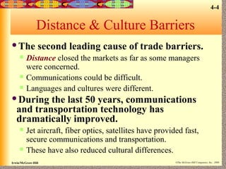 4-4

Distance & Culture Barriers
The





second leading cause of trade barriers.

Distance closed the markets as far as some managers
were concerned.
Communications could be difficult.
Languages and cultures were different.

During

the last 50 years, communications
and transportation technology has
dramatically improved.




Jet aircraft, fiber optics, satellites have provided fast,
secure communications and transportation.
These have also reduced cultural differences.

Irwin/McGraw-Hill

©The McGraw-Hill Companies, Inc., 2000

 