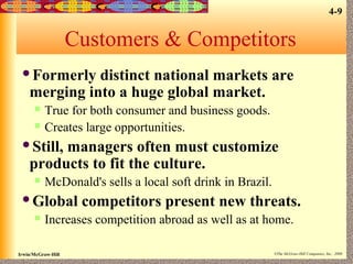 4-9

Customers & Competitors
Formerly

distinct national markets are
merging into a huge global market.



True for both consumer and business goods.
Creates large opportunities.

Still,

managers often must customize
products to fit the culture.


McDonald's sells a local soft drink in Brazil.

Global


competitors present new threats.

Increases competition abroad as well as at home.

Irwin/McGraw-Hill

©The McGraw-Hill Companies, Inc., 2000

 