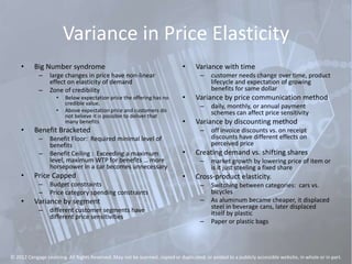 Variance in Price Elasticity
• Big Number syndrome
– large changes in price have non-linear
effect on elasticity of demand
– Zone of credibility
• Below expectation price the offering has no
credible value.
• Above expectation price and customers do
not believe it is possible to deliver that
many benefits
• Benefit Bracketed
– Benefit Floor: Required minimal level of
benefits
– Benefit Ceiling : Exceeding a maximum
level, maximum WTP for benefits … more
horsepower in a car becomes unnecessary
• Price Capped
– Budget constraints
– Price category spending constraints
• Variance by segment
– different customer segments have
different price sensitivities
• Variance with time
– customer needs change over time, product
lifecycle and expectation of growing
benefits for same dollar
• Variance by price communication method
– daily, monthly, or annual payment
schemes can affect price sensitivity
• Variance by discounting method
– off invoice discounts vs. on receipt
discounts have different effects on
perceived price
• Creating demand vs. shifting shares
– market growth by lowering price of item or
is it just steeling a fixed share
• Cross-product elasticity.
– Switching between categories: cars vs.
bicycles
– As aluminum became cheaper, it displaced
steel in beverage cans, later displaced
itself by plastic
– Paper or plastic bags
© 2012 Cengage Learning. All Rights Reserved. May not be scanned, copied or duplicated, or posted to a publicly accessible website, in whole or in part.
 