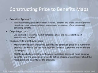Constructing Price to Benefits Maps
• Executive Approach
– Identify competing products and their features , benefits, and prices. Position them on
the price to value map according to management impressions of the valuation of
competing benefits
• Delphi Approach
– Use a defined or identified market transaction prices and independent expert
evaluations of “benefits”
• Consumer Research Approach
– Measure the level of perceived benefits and perceived price for a number of
products, as well as the variation in prices in which customers are indifferent
to changes.
– Plot the products according to the mean perceived price and mean perceive
benefits. Use the variation in prices to define ellipses of uncertainty about the
mean price and benefits for the products.
© 2012 Cengage Learning. All Rights Reserved. May not be scanned, copied or duplicated, or posted to a publicly accessible website, in whole or in part.
 