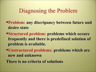 Diagnosing the Problem Problem:  any discripancy between future and desire state Structured problem:  problems which occure frequently and there is predefined solution of problem is available. Unstructured problems:  problems which are new and unknown  There is no criteria of solutions 