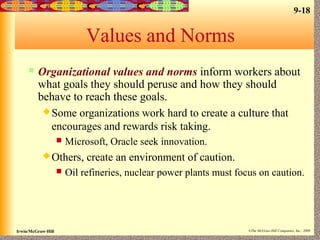 9-18
Irwin/McGraw-Hill ©The McGraw-Hill Companies, Inc., 2000
Values and Norms
 Organizational values and norms inform workers about
what goals they should peruse and how they should
behave to reach these goals.
Some organizations work hard to create a culture that
encourages and rewards risk taking.
 Microsoft, Oracle seek innovation.
Others, create an environment of caution.
 Oil refineries, nuclear power plants must focus on caution.
 