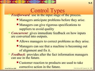 9-5
Irwin/McGraw-Hill ©The McGraw-Hill Companies, Inc., 2000
Control Types
 Feedforward: use in the input stage of the process.
 Managers anticipate problems before they arise.
 Managers can give rigorous specifications to
suppliers to avoid quality
 Concurrent: gives immediate feedback on how inputs
are converted into outputs.
 Allows managers to correct problems as they arise.
 Managers can see that a machine is becoming out
of alignment and fix it.
 Feedback: provides after the fact information managers
can use in the future.
 Customer reaction to products are used to take
corrective action in the future.
 