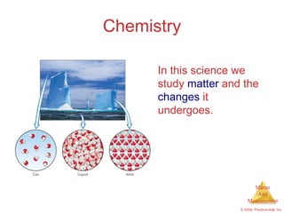 Chemistry

      In this science we
      study matter and the
      changes it
      undergoes.




                            Matter
                             And
                          Measurement
                      © 2009, Prentice-Hall, Inc.
 