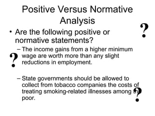Positive Versus Normative
Analysis
• Are the following positive or
normative statements?
– The income gains from a higher minimum
wage are worth more than any slight
reductions in employment.
– State governments should be allowed to
collect from tobacco companies the costs of
treating smoking-related illnesses among the
poor.
?
?
?
 