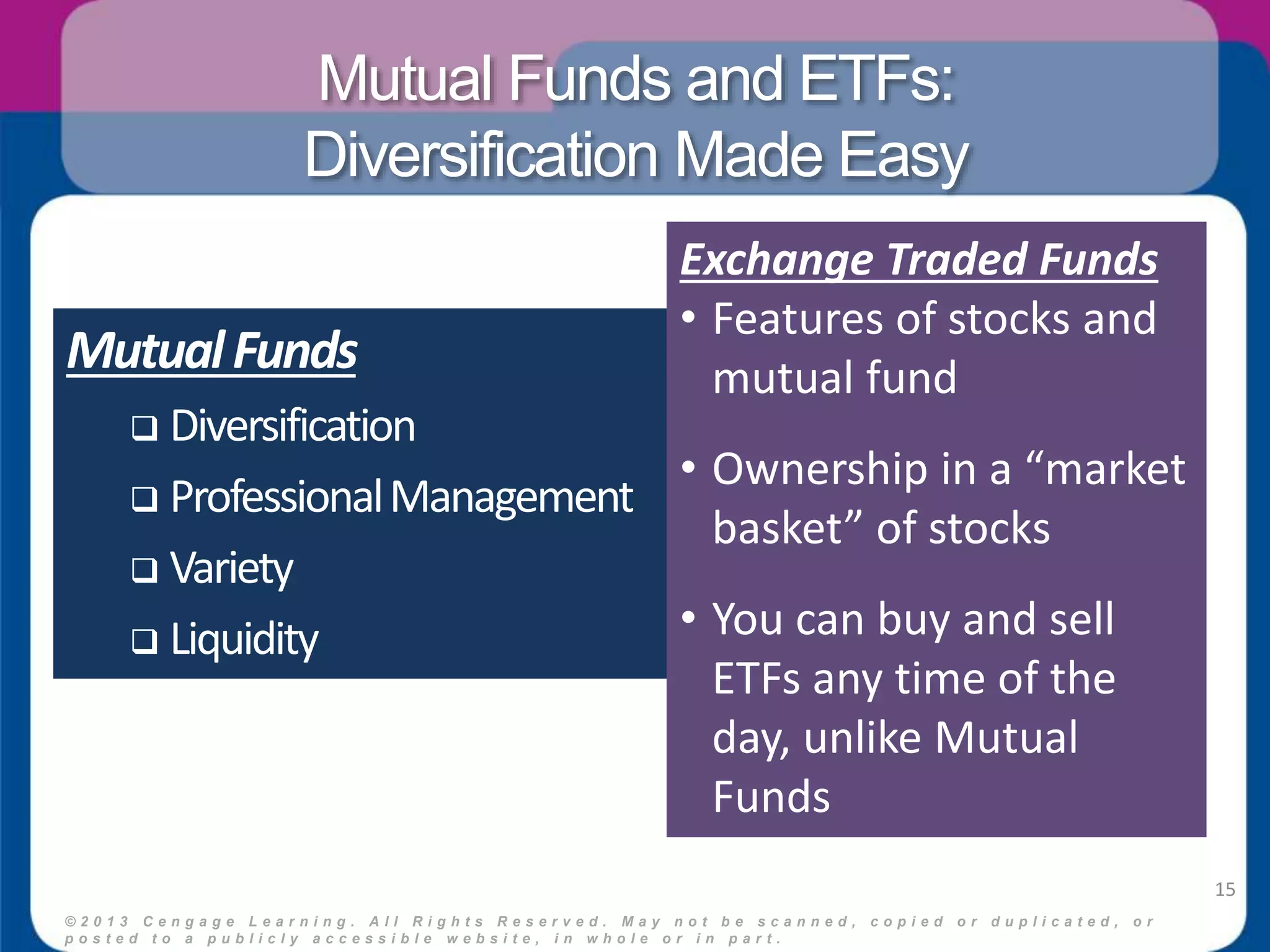 Mutual Funds and ETFs: 
Diversification Made Easy 
Mutual Funds 
 Diversification 
 Professional Management 
 Variety 
 Liquidity 
© 2 0 1 3 C e n g a g e L e a r n i n g . A l l R i g h t s R e s e r v e d . M a y n o t b e s c a n n e d , c o p i e d o r d u p l i c a t e d , o r 
p o s t e d t o a p u b l i c l y a c c e s s i b l e w e b s i t e , i n w h o l e o r i n p a r t . 
15 
Exchange Traded Funds 
• Features of stocks and 
mutual fund 
• Ownership in a “market 
basket” of stocks 
• You can buy and sell 
ETFs any time of the 
day, unlike Mutual 
Funds 
 