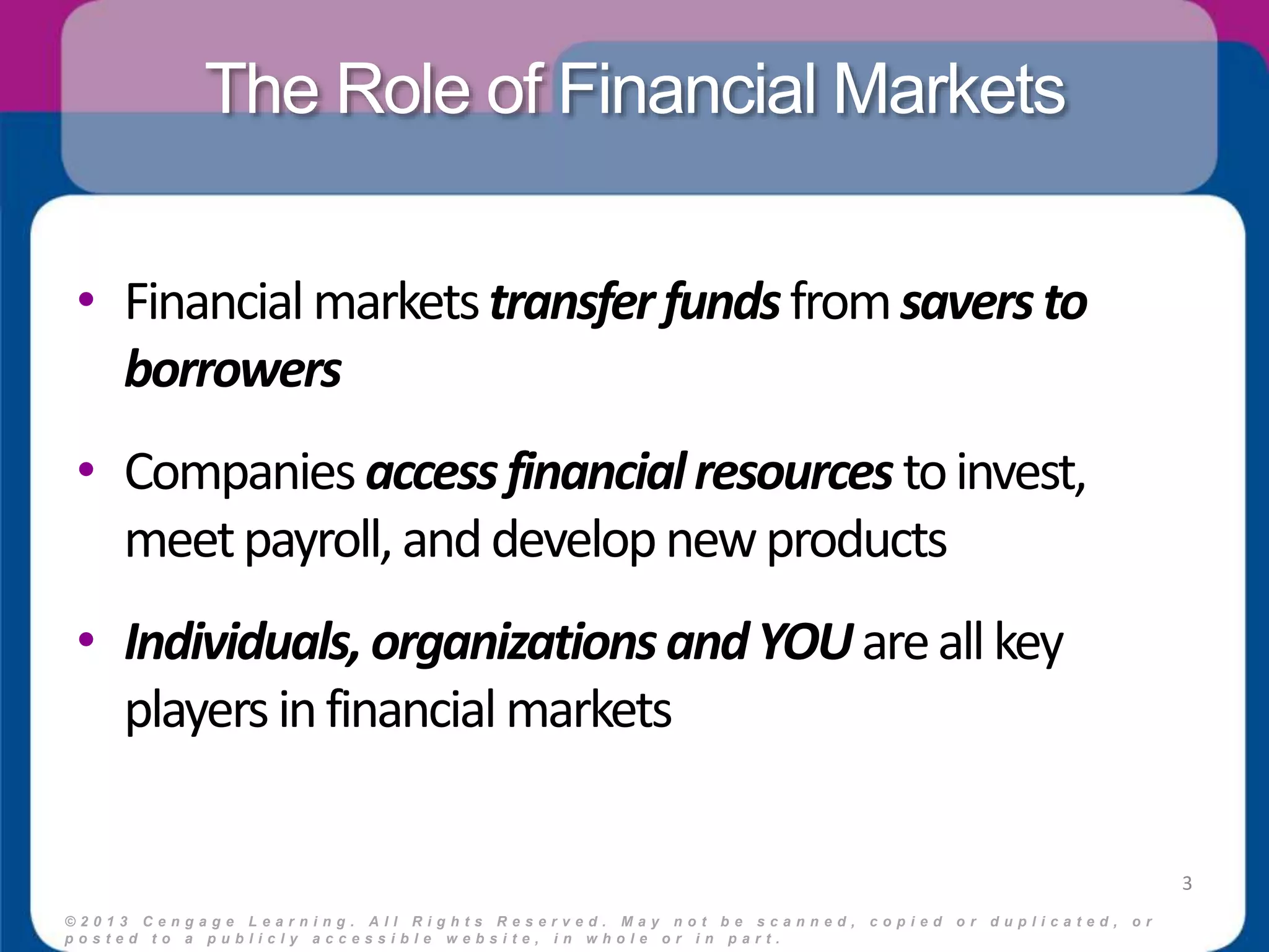The Role of Financial Markets 
• Financial markets transfer funds from savers to 
borrowers 
• Companies access financial resources to invest, 
meet payroll, and develop new products 
• Individuals, organizations and YOU are all key 
players in financial markets 
© 2 0 1 3 C e n g a g e L e a r n i n g . A l l R i g h t s R e s e r v e d . M a y n o t b e s c a n n e d , c o p i e d o r d u p l i c a t e d , o r 
p o s t e d t o a p u b l i c l y a c c e s s i b l e w e b s i t e , i n w h o l e o r i n p a r t . 
3 
 