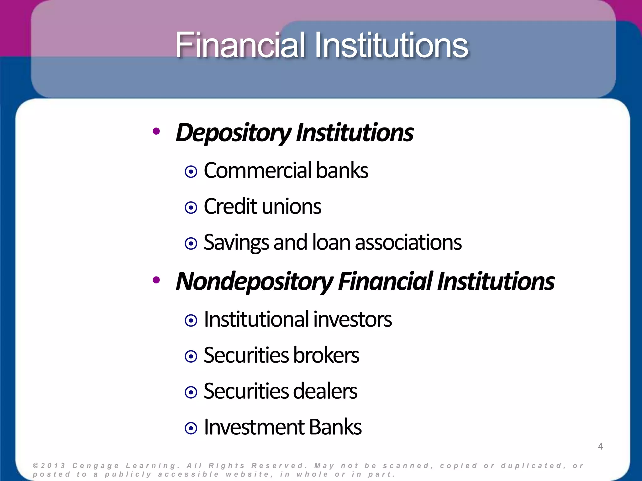 Financial Institutions 
• Depository Institutions 
 Commercial banks 
 Credit unions 
 Savings and loan associations 
• Nondepository Financial Institutions 
 Institutional investors 
 Securities brokers 
 Securities dealers 
 Investment Banks 
© 2 0 1 3 C e n g a g e L e a r n i n g . A l l R i g h t s R e s e r v e d . M a y n o t b e s c a n n e d , c o p i e d o r d u p l i c a t e d , o r 
p o s t e d t o a p u b l i c l y a c c e s s i b l e w e b s i t e , i n w h o l e o r i n p a r t . 
4 
 